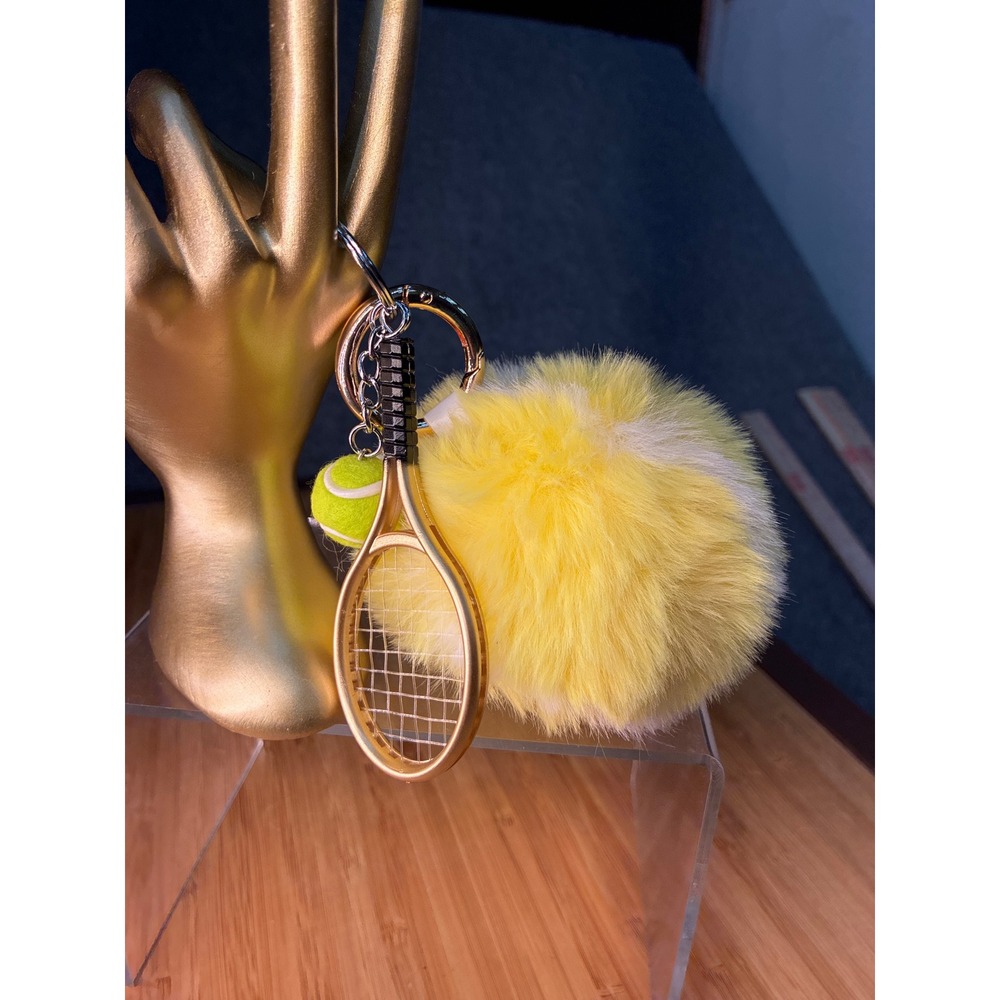Yellow Tennis Racket Pom Pom Keychain Faux Fur Bag Charm Gold Tone Sport